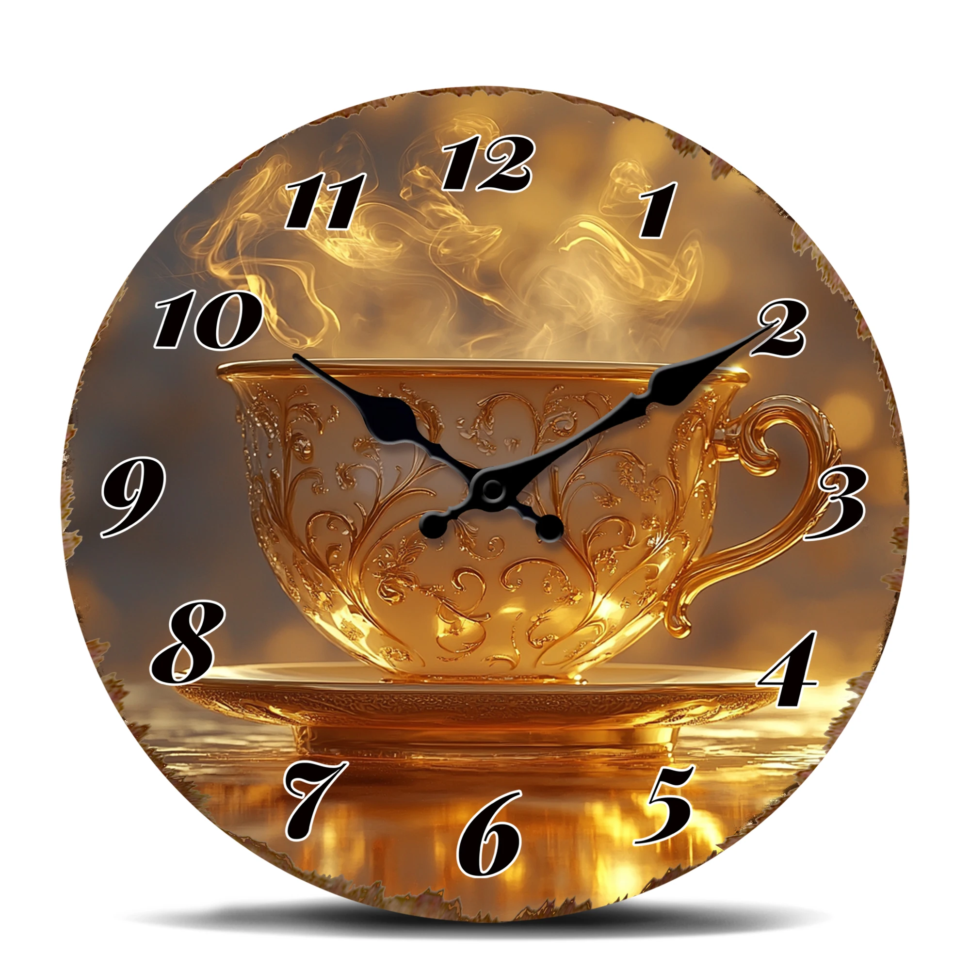 Luxuriöse goldene Teetassen-Wanduhr, elegantes Dampfbecher-Design, runder Uhr, Vintage-inspirierte dekorative Uhr für Küche und Küche
