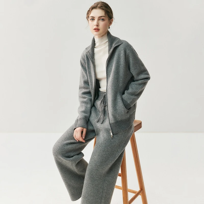 

Chic Women 100% Cashmere Knit Turn-down Collar Cardigan Wide Leg Pants Set Color Block Cashmere Knitwear Autumn Winter Thick Set