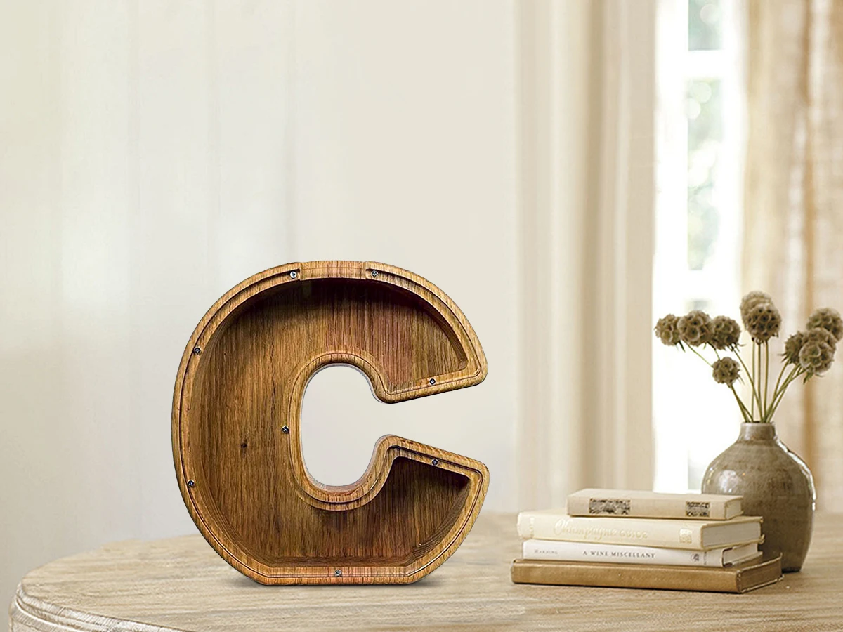 Sechsundzwanzig englisches Alphabet, Spardose, Münzen, Geld, Sparschwein, Holzbuchstaben, Spardose, Desktop-Ornament, Heimdekoration, Kunsthandwerk für Kinder – Detail 4