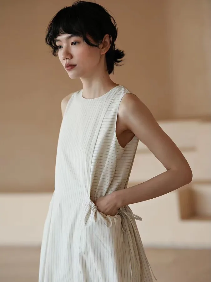 Summer New Brand Striped Drawstring Large Pocket Slimming Sleeveless Dress Casual Loose Fit A-Line Cotton Soft Medium Stretch