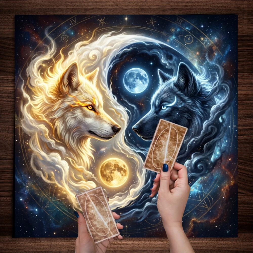 1pc Ink‑Style Party Tablecloth, Two‑Wolf Yin‑Yang Pattern, Black‑white Gradient, Moonlight, Stars and Firefly Print, for Tarot