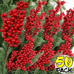 50/1PCS Christmas Red Berry Branches Artificial Holly Berries Stamen Fake Flowers Plants Ornaments for New Year Party Home Decor