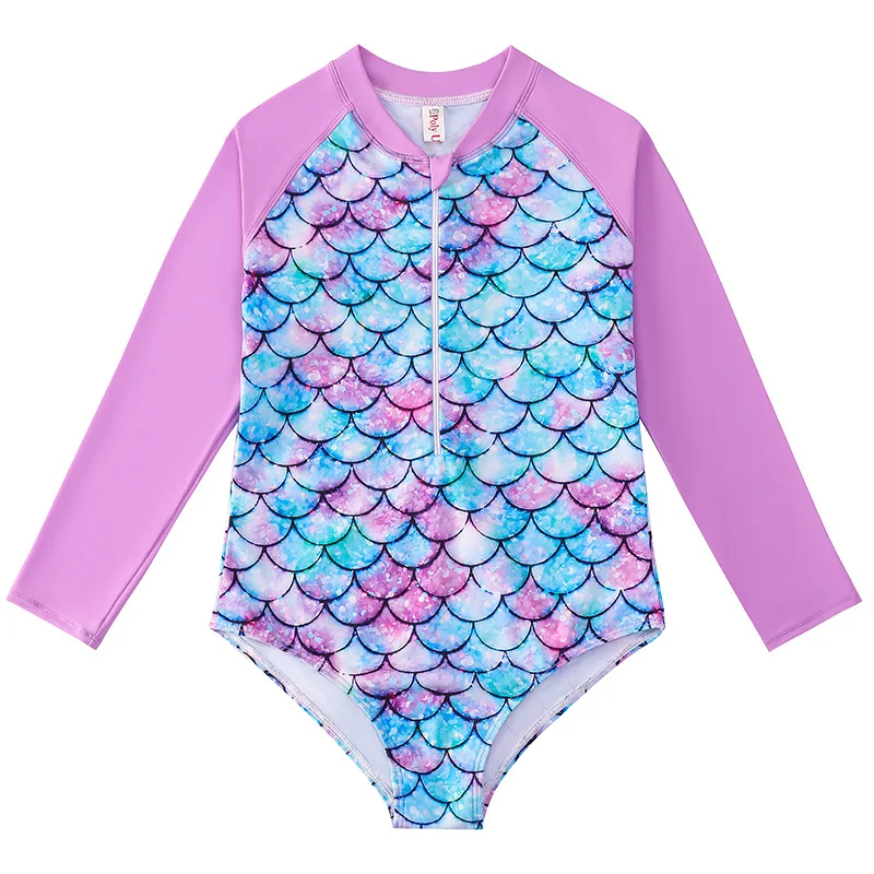 Children\'s Swimsuits Summer Girls Long Sleeves Mermaid Print One-piece Swimsuit 2-10Years Kids Sun-proof Surf Suits Quick Drying