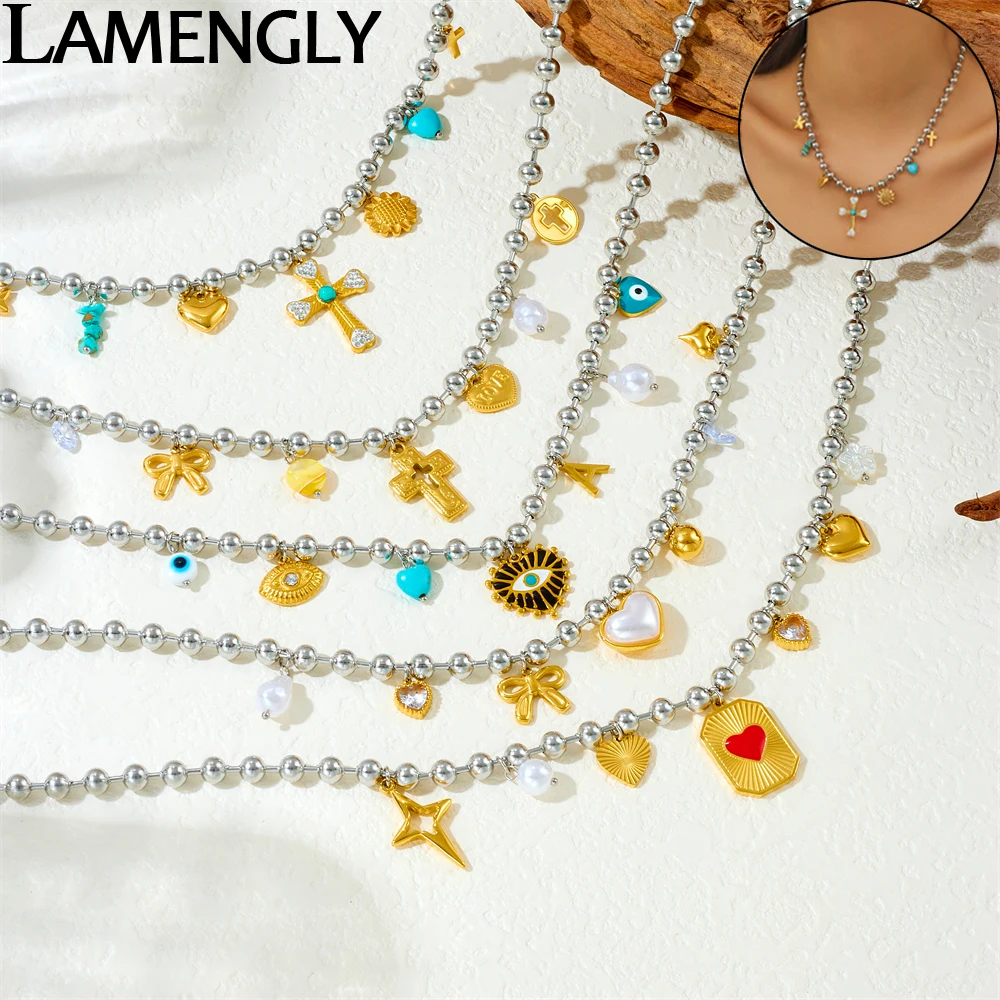 LAMENGLY 316L Stainless Silver Round Bead Chain Turquoise Cross Pearl Heart Bowknot Pendant Necklace Women Glamorous Neck Chain