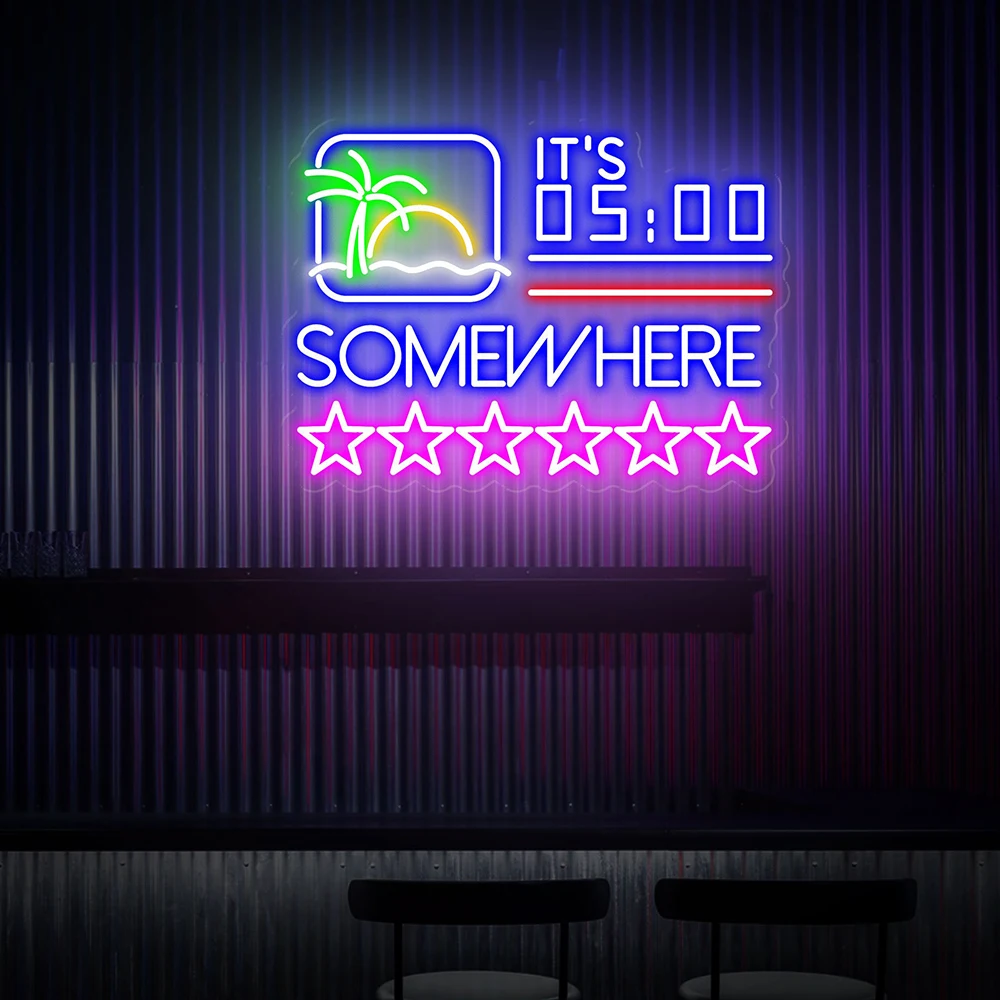 It's 5:00 Somewhere Neon Sign Tiki Bar Logo Neon Signs Cocktail Bar Decor Custom LED Neon Lights Wall Art Personalize Gifts