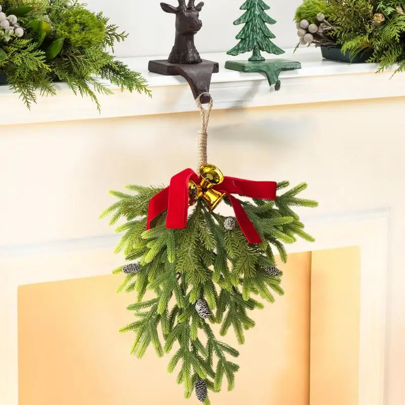 Christmas Door Swag Decorative Artificial Swag Greenery Teardrop Wreath With Bowknot Pinecone Bell Christmas Decoration For Home