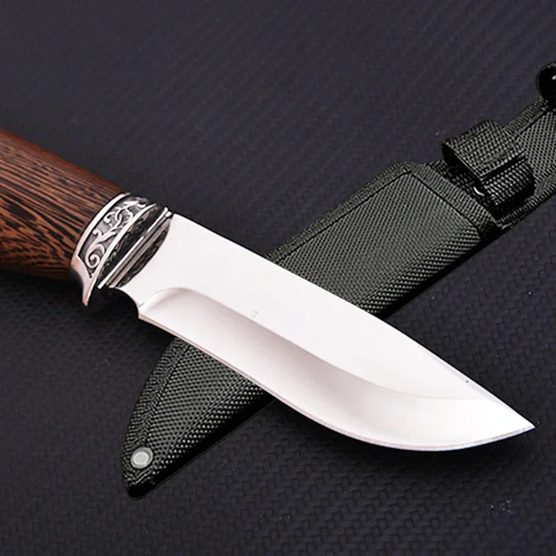 Mengoing Double Wood Handle Design Knife Deer Corrosion Pattern Tactical Rescue Fixed Blade Knives Tool for Camping Hunting