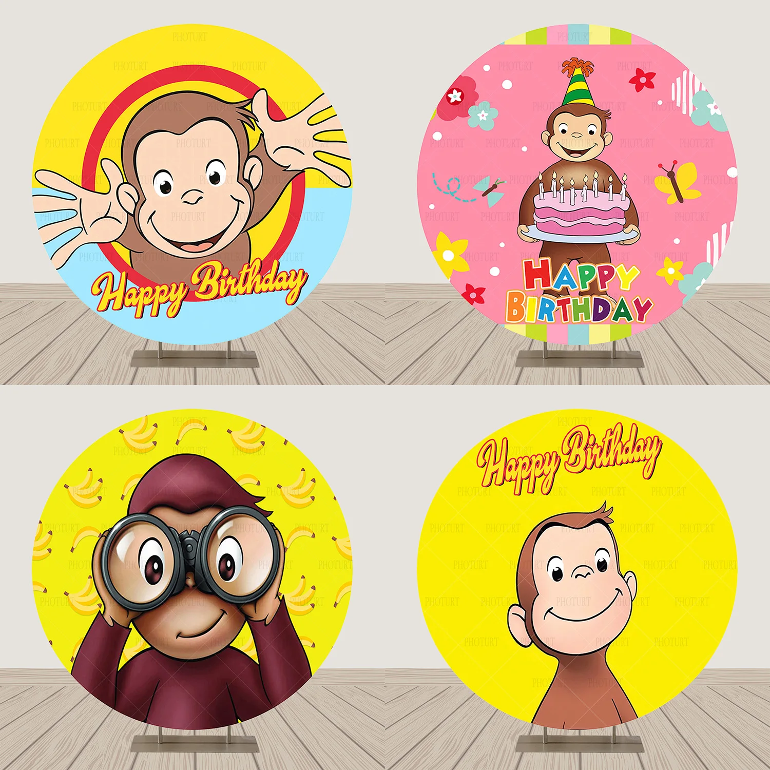 Round George Monkey Background Kids Birthday Party Backdrop Yellow Banana Cake Circle Banner Photography Studios Props