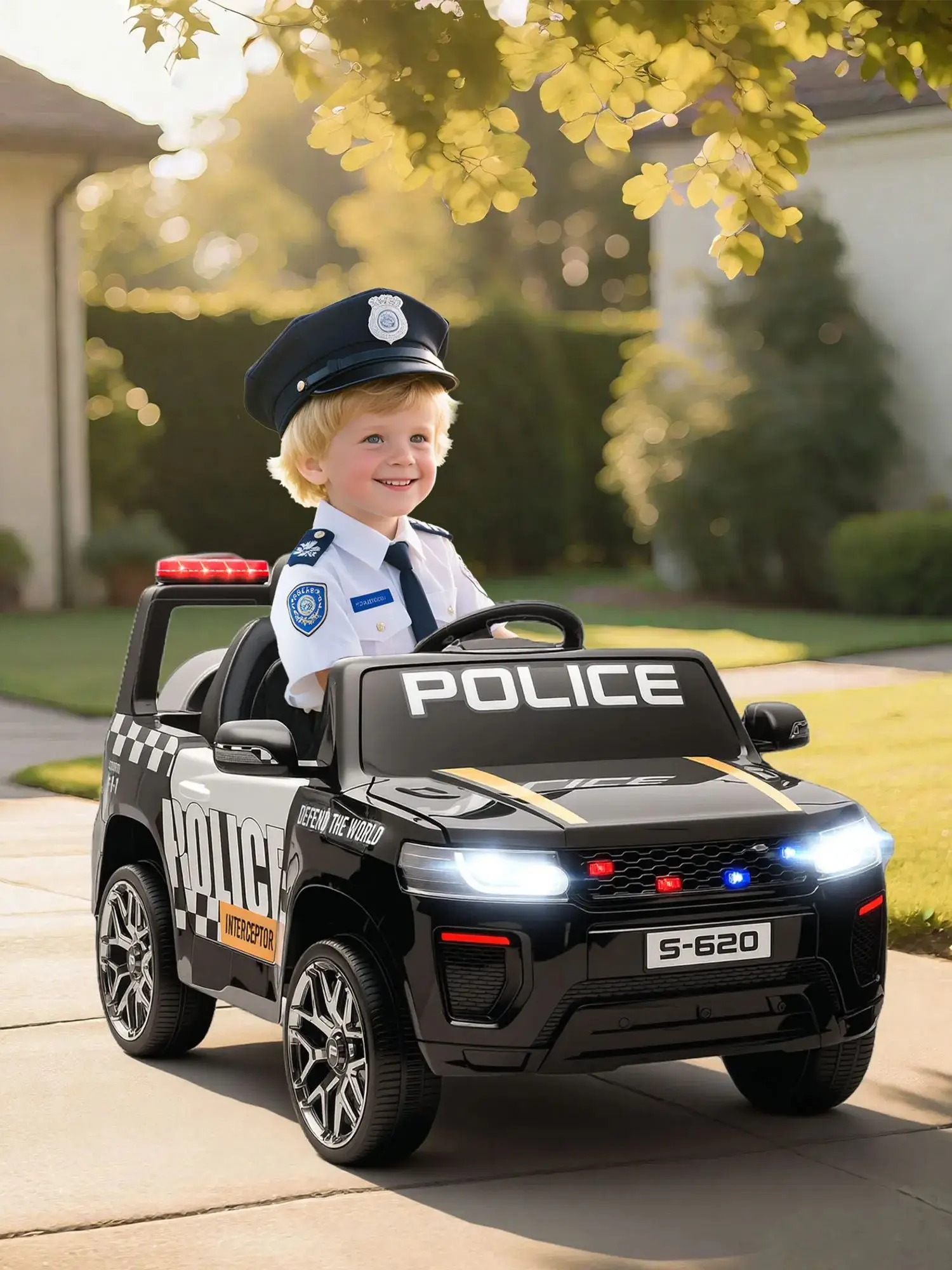 Voiture de police électrique Aiyaplay pour enfants, avec double moteur, sirène, suspension sur les quatre roues et phares.