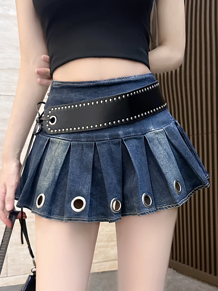 Stretch A-Line Pleated Denim Skirts with Corset High Waist Black Jean Skirt Cut Out Skorts Women Summer Sexy Beach Mini Skirt