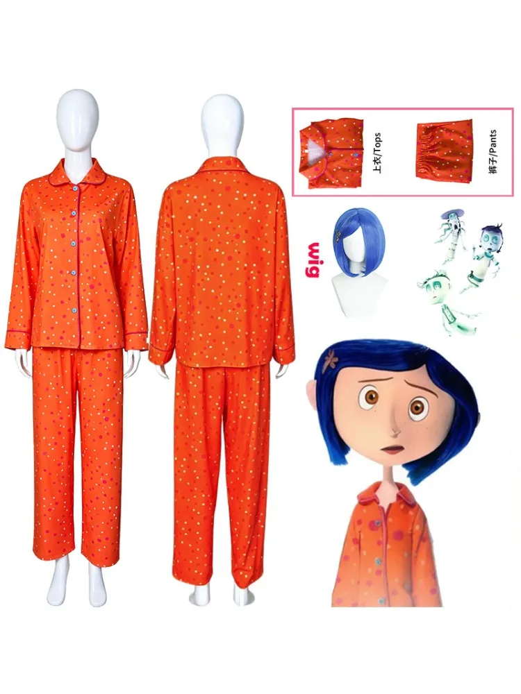 Piżama do cosplayu z filmu Coraline, pomarańczowa w kropki, zapinana na guziki, wygodny strój do noszenia w domu, zgrabne szwy, zestaw na Halloween, występy i rekonstrukcje. — zdjęcie 2