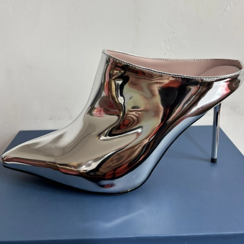 Silver Women\'s Slippers Sexy Mules Shoes For Women High Heels Sandals Pointed Toe Slides Party Shoes Female Black Large Size 45