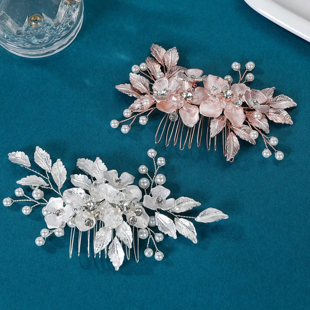

Light Luxury Alloy Hair Combs for Bride Wedding Rose Gold/Silver Color Flower Leaf Hairpins Women Engagement Party Hair Jewelry