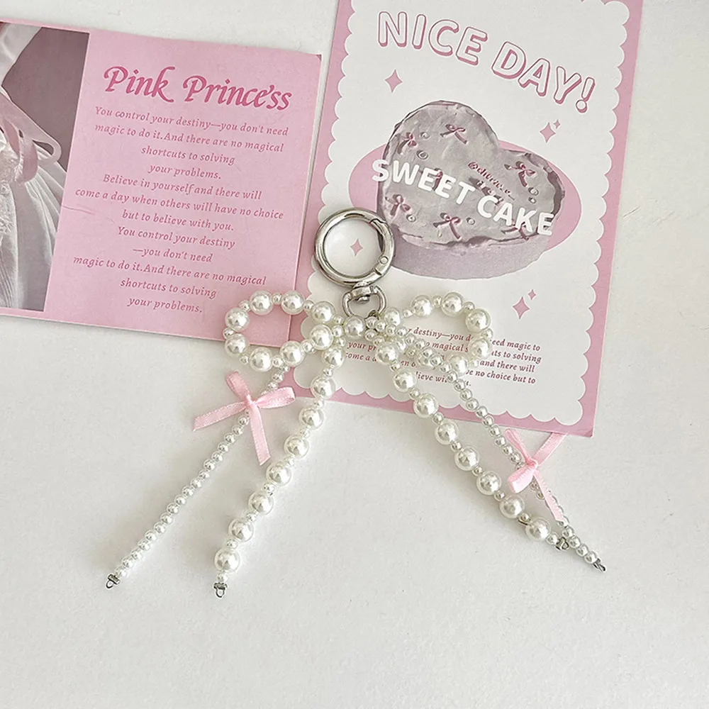 Y2K Pearl Bow Keychain Ribbon Beaded Bag Pendant Pink Bowknot Phone Charm Pendant Lanyard Korean Phone Key Bag Decor Accessories image 4