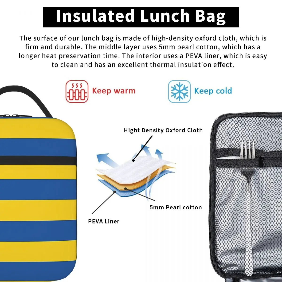 Lancheira Bento isolada com bolsa térmica, Tote de piquenique impermeável, Saco térmico reutilizável para mulheres e crianças, Bandeira da Ucrânia