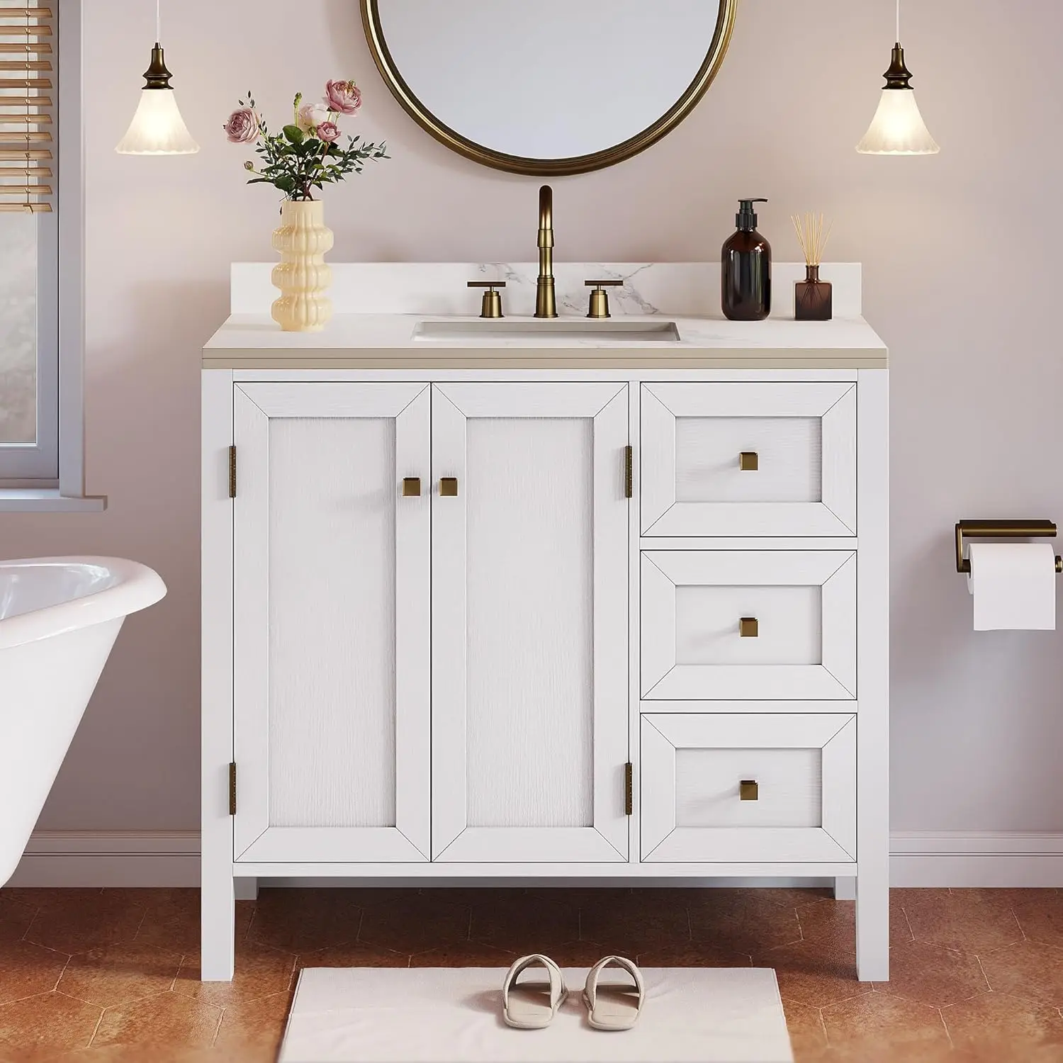 

36" Bathroom Vanity with Sink Combo, Modern Bathroom Storage Cabinet with Sintered Stone Countertop & Splash Guard, Three Holes