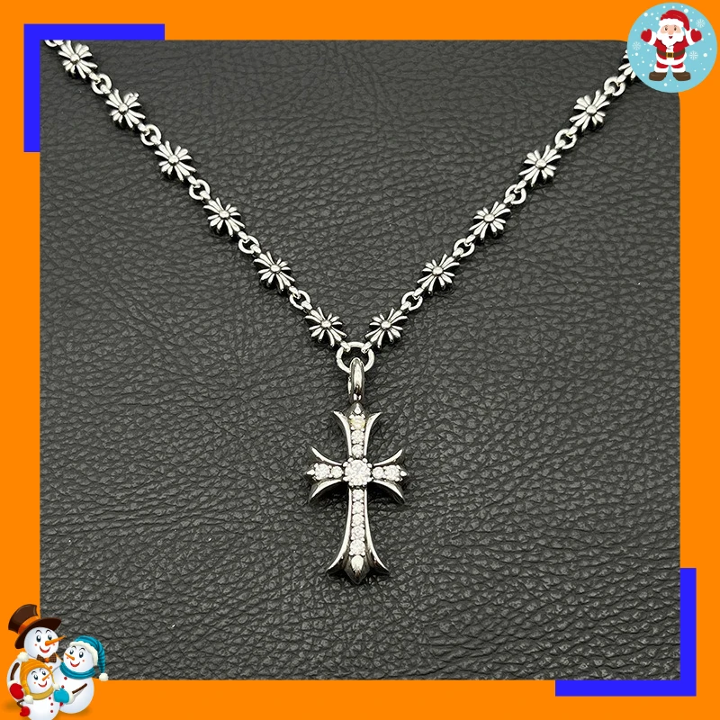 High-end Retro Diamond-encrusted Cross Necklace Men's and Women's Cross Flower Chain Classic Integrated Chain Men's Domineering