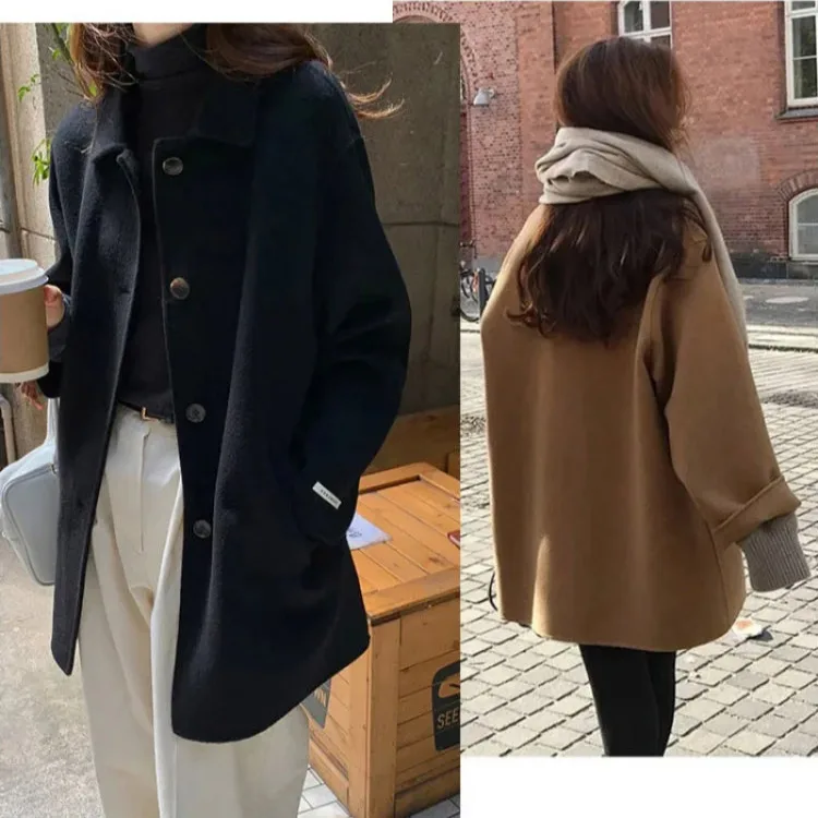 Women\'s Loose Fit Woolen Coat with Thick Cotton LiningMedium LengthAutumn and Winter New Release