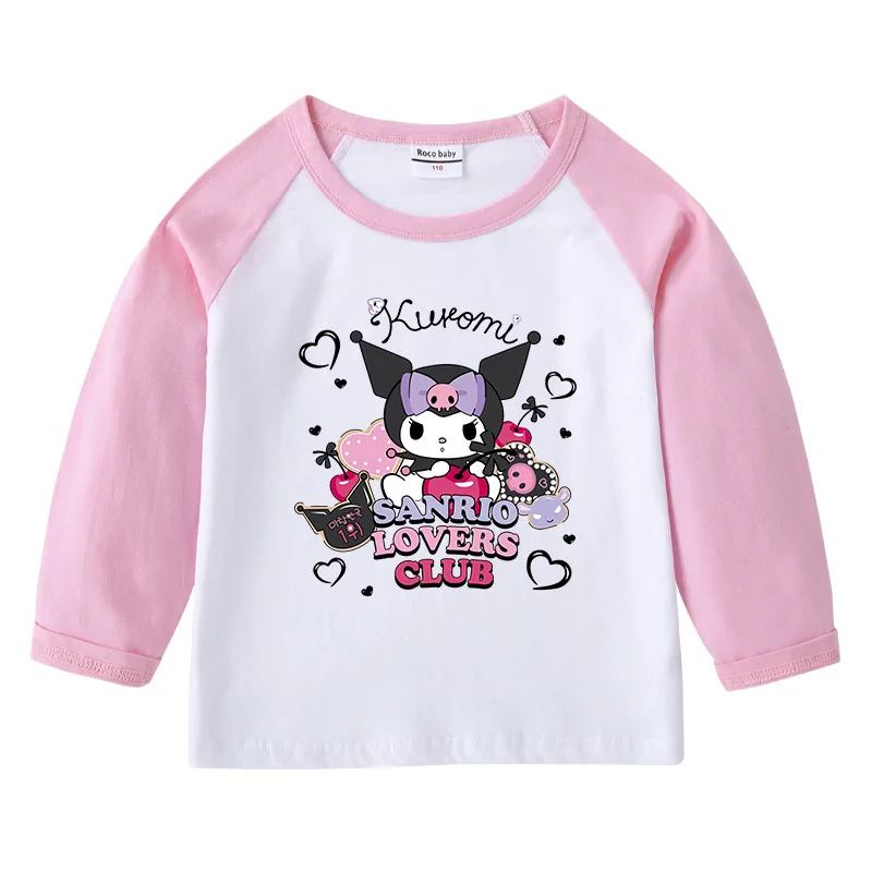 

Оригинальная детская футболка Kuromi My Melody Cinnamoroll на весну и осень, мультяшный Топ, рубашка для мальчиков и девочек, детский хлопковый топ, футболки