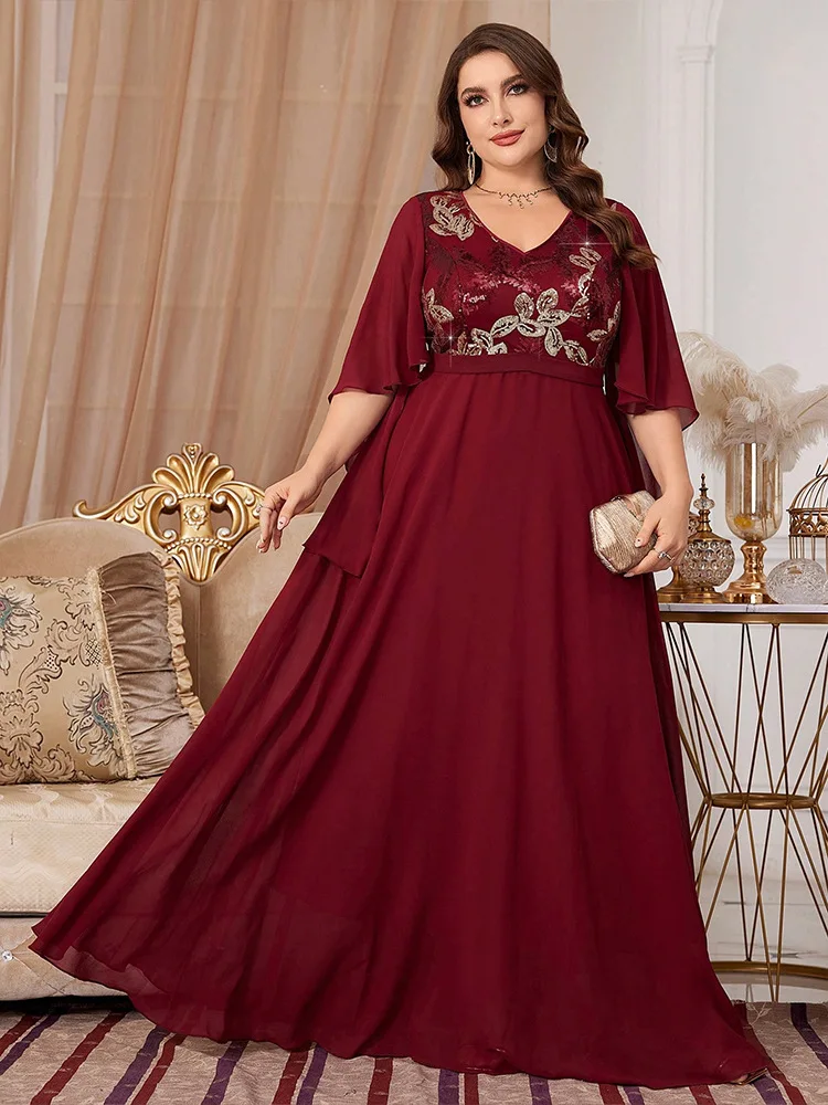 KYP1037 Premium plus size European and American sequin chiffon plus size dress, fashionable embroidery wedding, bridesmaid dress