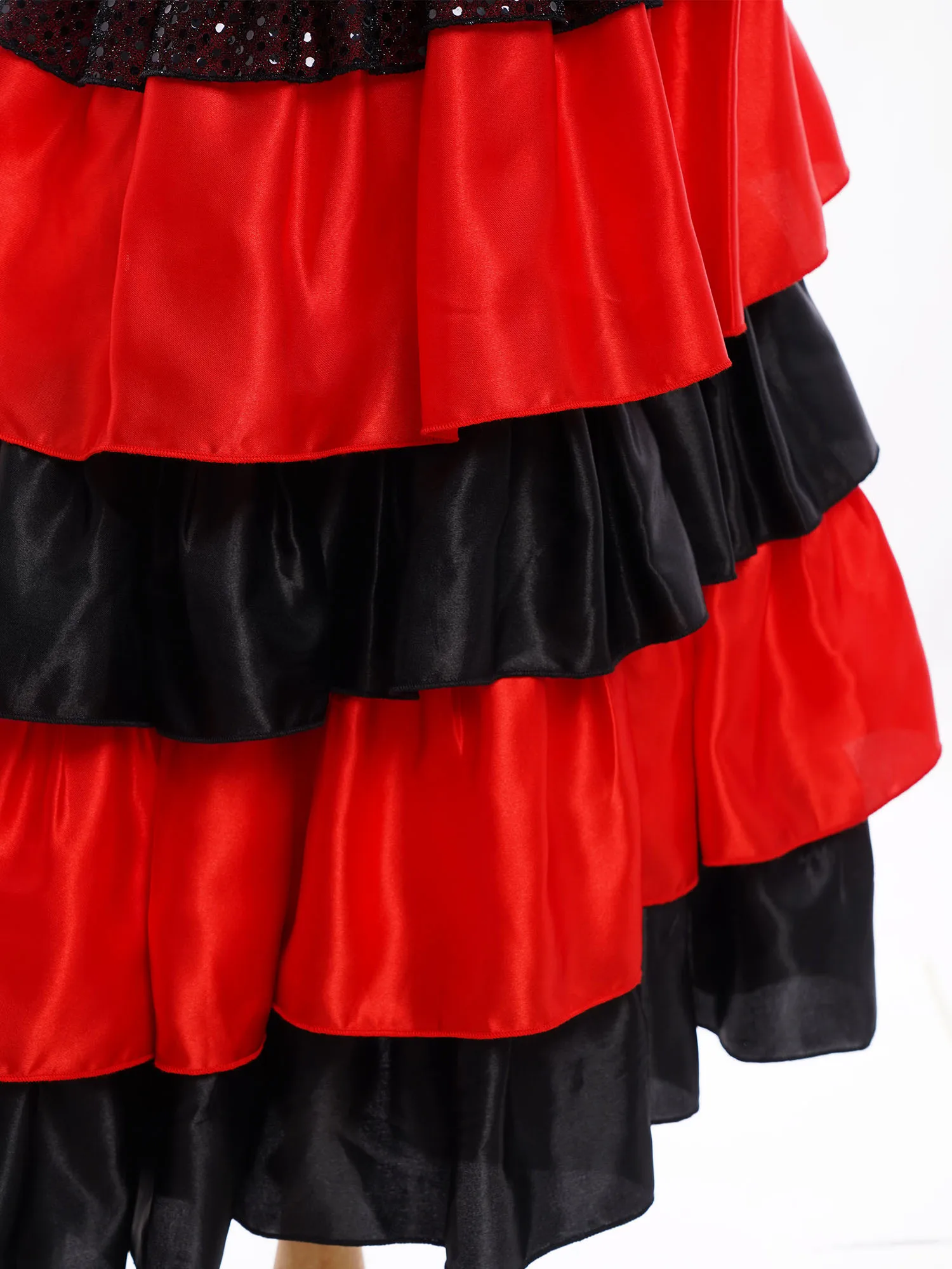 Robe de danse de salle de bal Flamenco pour enfants, Costume de fête de bal d'halloween pour filles, épaules dénudées, à volants à plusieurs niveaux, robe de danse en Satin