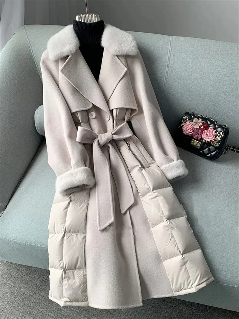 Mink Collar Woolen Coat European Version Double-Sided Nylon Duck Down Coat Long Style Slimming Windbreaker for Women in Winter