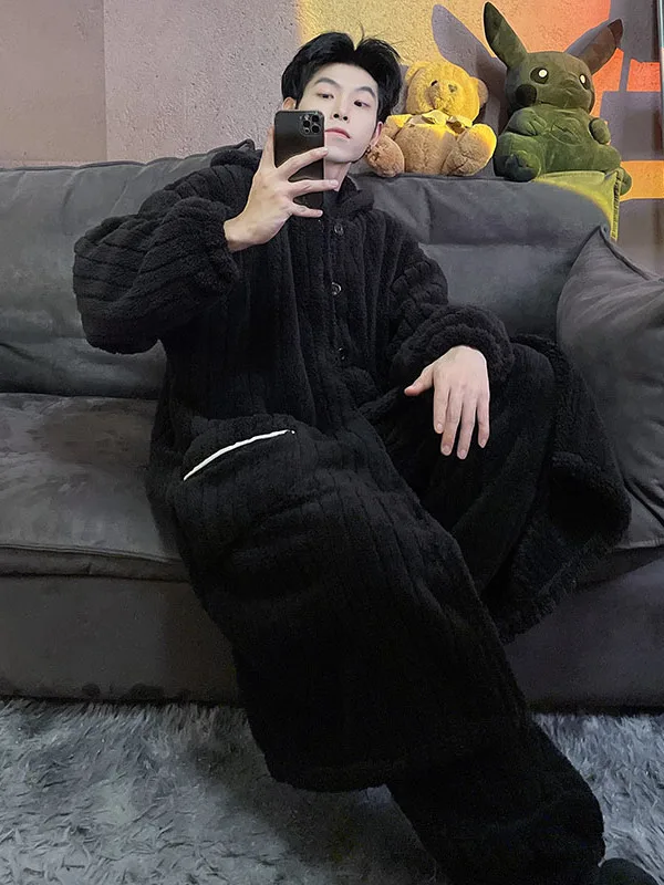 Men's Coral Fleece Sleepwear Oversize Fluffy Robe Long Sleeve Thermal Home Clothes Polyester Fiber Autumn Winter Loungewear