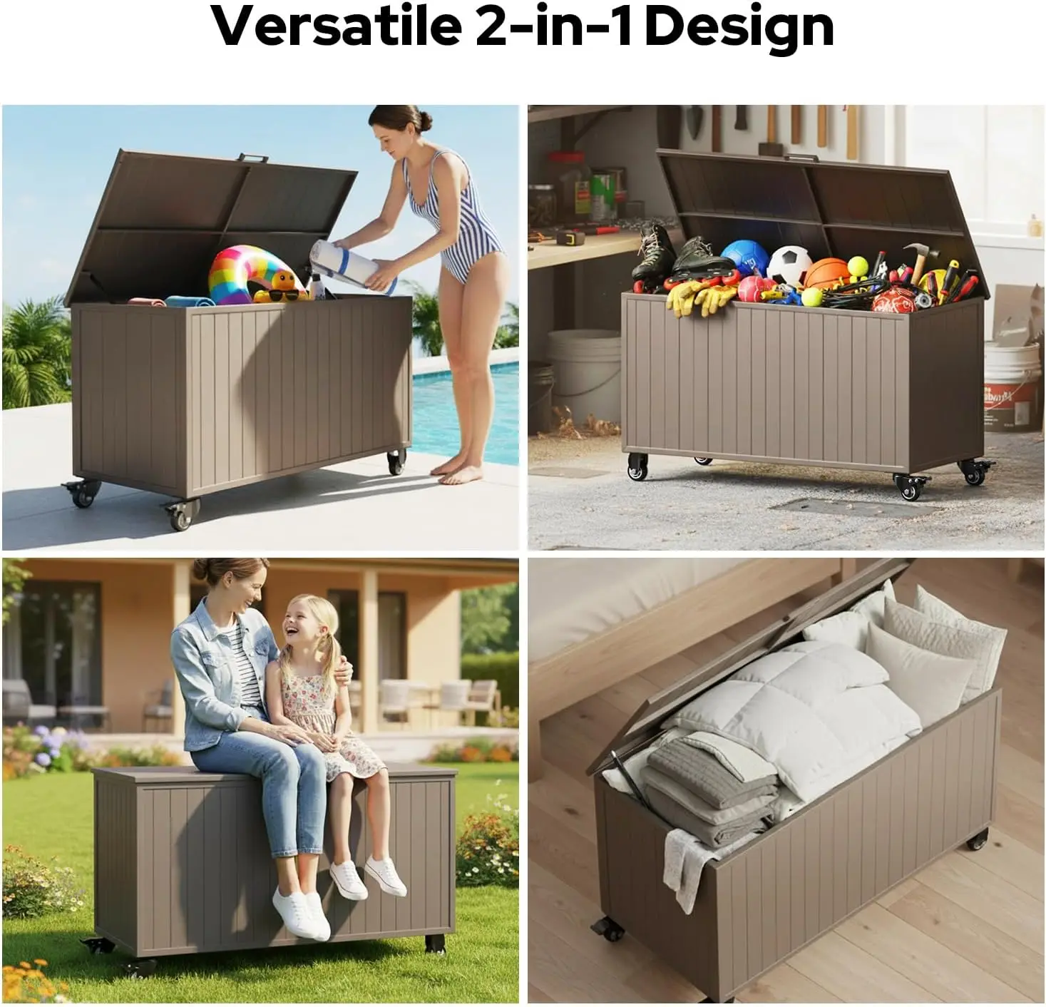 Scatola portaoggetti da esterno con ruote da 150 galloni, scatole da ponte in metallo Scatola portaoggetti da patio impermeabile e resistente ai raggi UV con coperchio per mobili da giardino