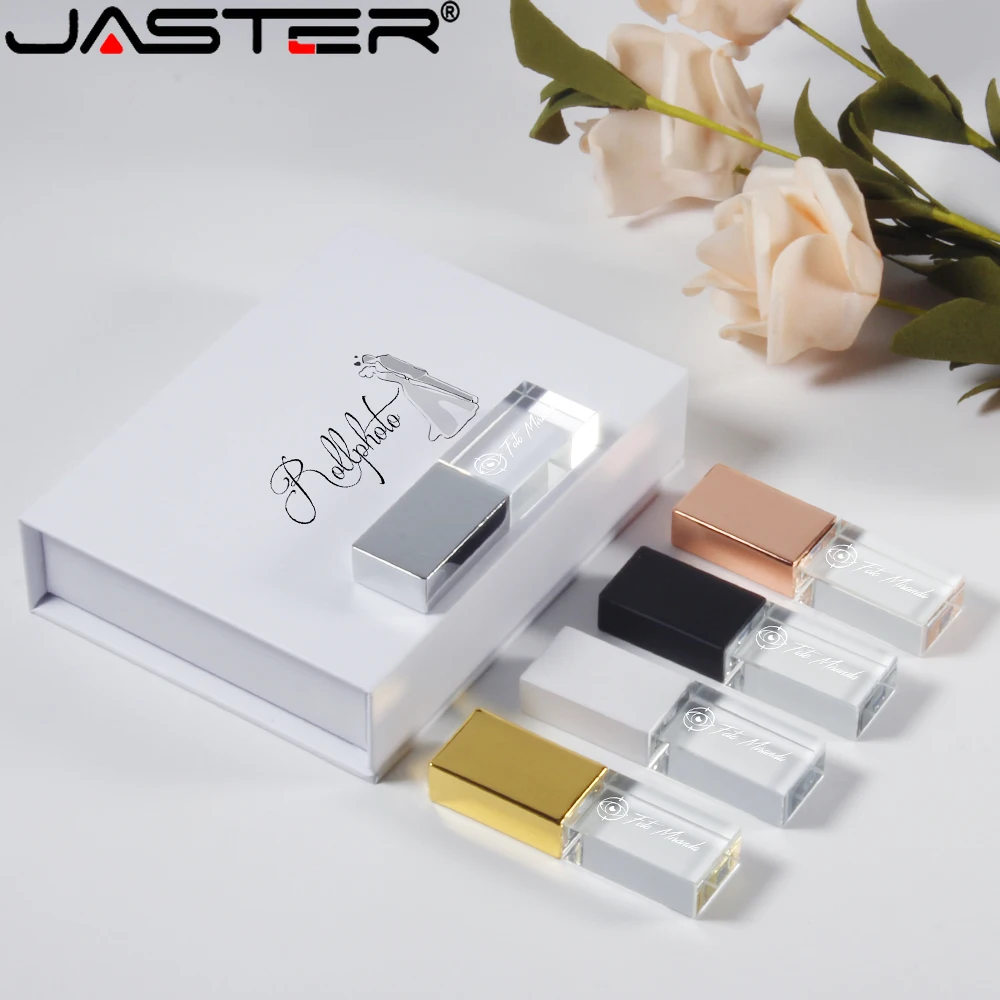 

JASTER Crystal USB Flash Drive 128GB Free Custom Logo Memory Stick 64GB Wedding Gift Pen Drive 32GB Real Capacity U Disk 16GB