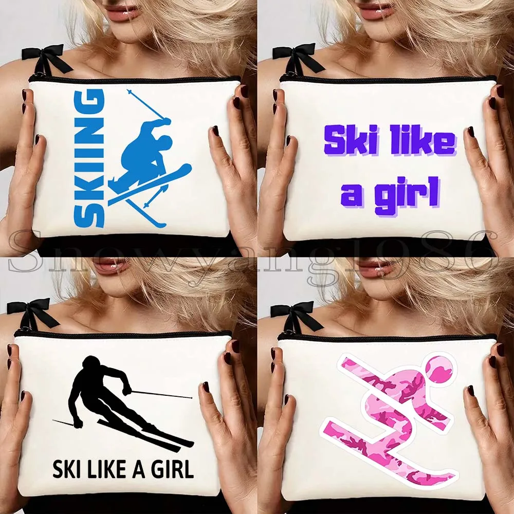 

4pcs Colorful Ski Like A Girl Tote Bag Mountain Skiing Lover Snowboard Ski Jumper Canvas Storage Cosmetic Bag Makeup Case Pouch