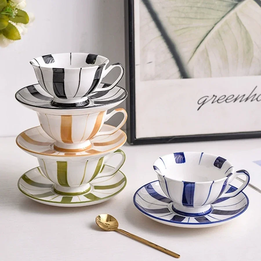 Nordic Cup and Saucer Hand-painted striped coffee cup & dish, High Appearance level Water Cup, Creative Ceramic Drinkware Cups