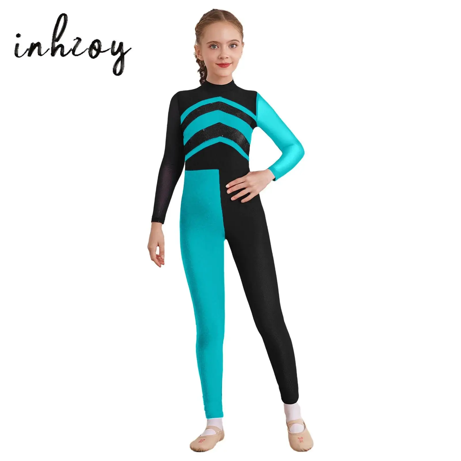 

Kids Girls Gymnastics Figure Ice Skating Dance Jumpsuit Shiny Sequins Color Block Mesh Long Sleeves Cutout Back Dance Bodysuit