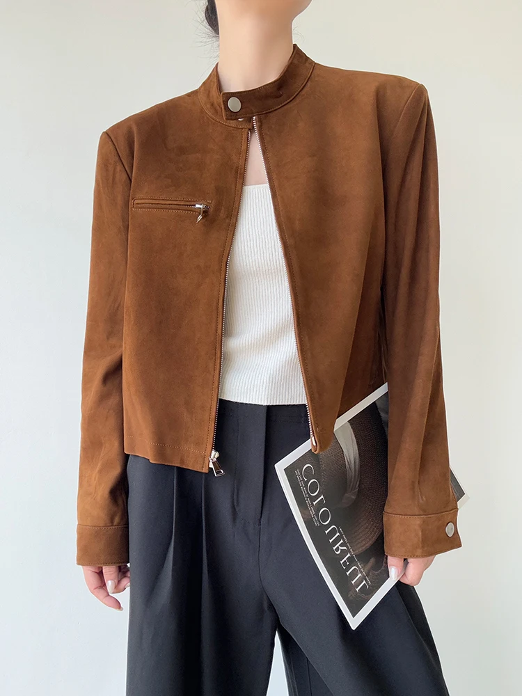 سترات كلاسيكية قصيرة من الجلد الطبيعي من جلد الغزال للنساء لربيع وخريف 2025 معطف جديد عالي الجودة بسيط بياقة واقفة معطف من جلد الغنم الحقيقي النحيف #1