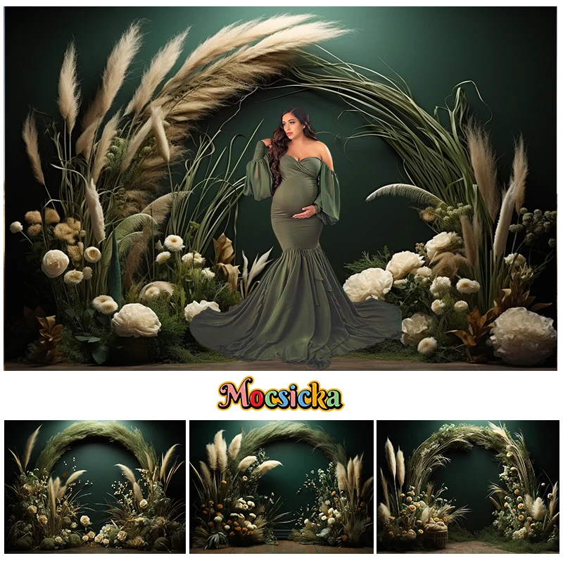 

Mocsicka Green Backdrop Wheat Flower Decor Baby Shower Maternity Newborn Art Portrait Photo Studio Photography Background