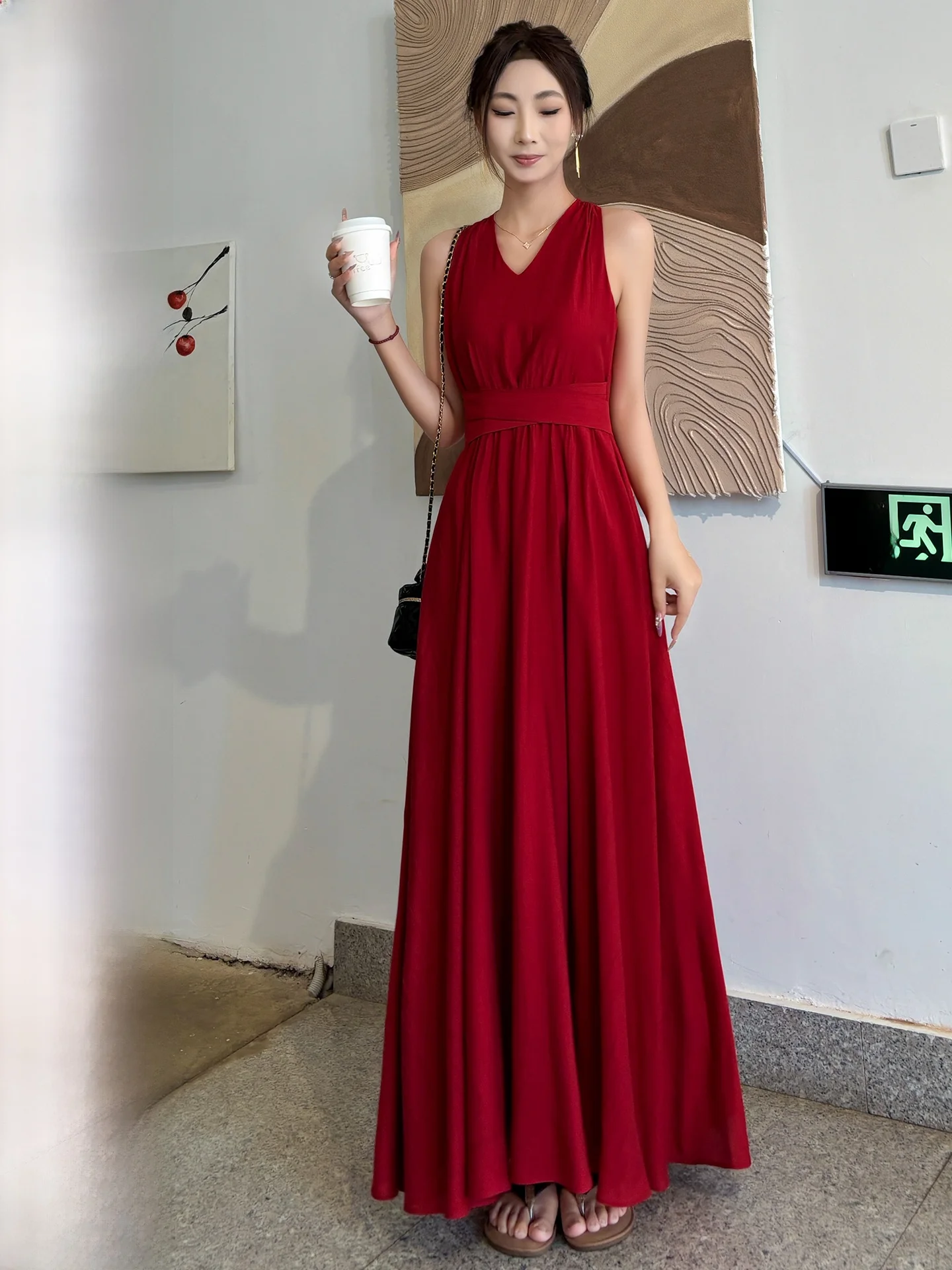 

Red Sleeveless Maxi Dress Women's Summer High Waist Slimming Long Dress Casual Pure Color Cotton Blend Lightweight A-Line Skirt