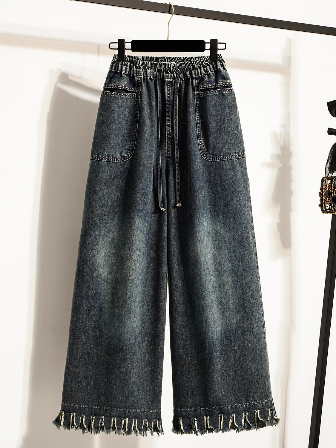 

Винтажные женские джинсы с широкими штанинами и рваным краем, повседневные, больших размеров, универсальные, в старинном стиле, для весеннего сезона, уличный стиль