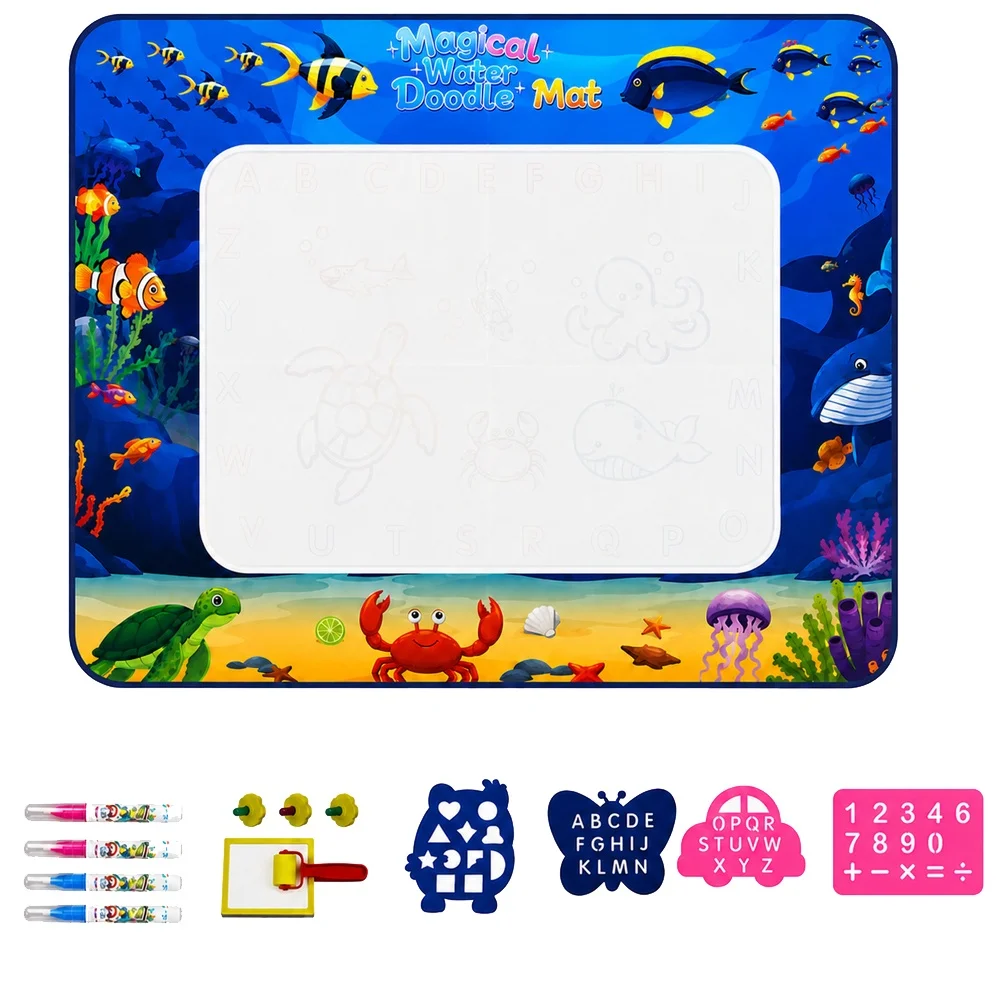 Reusable For Water For Doodle Mat 100x80cm Cloth Drawing Pad with 4 Pens 4 Stencils Roller Stamps Alphabet Numbers Sea