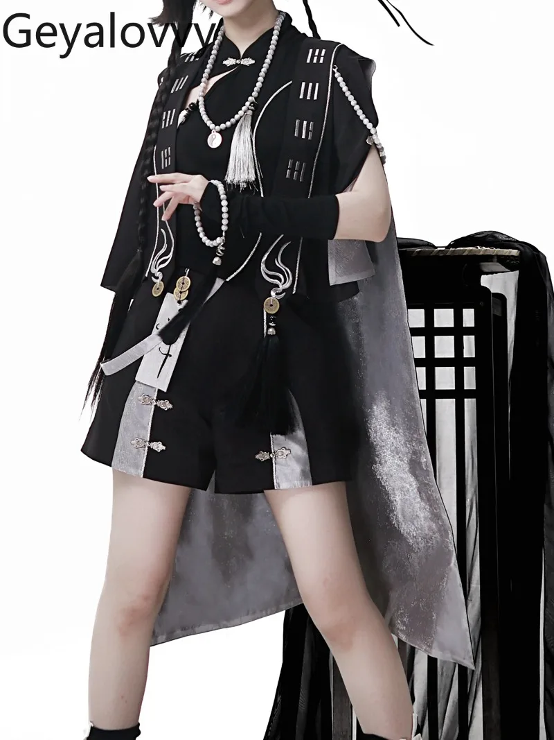 

Оригинальный костюм Лолиты в китайском стиле с воротником-стойкой, черный топ без рукавов и шорты, шаль, аксессуары, милый комплект, женская одежда