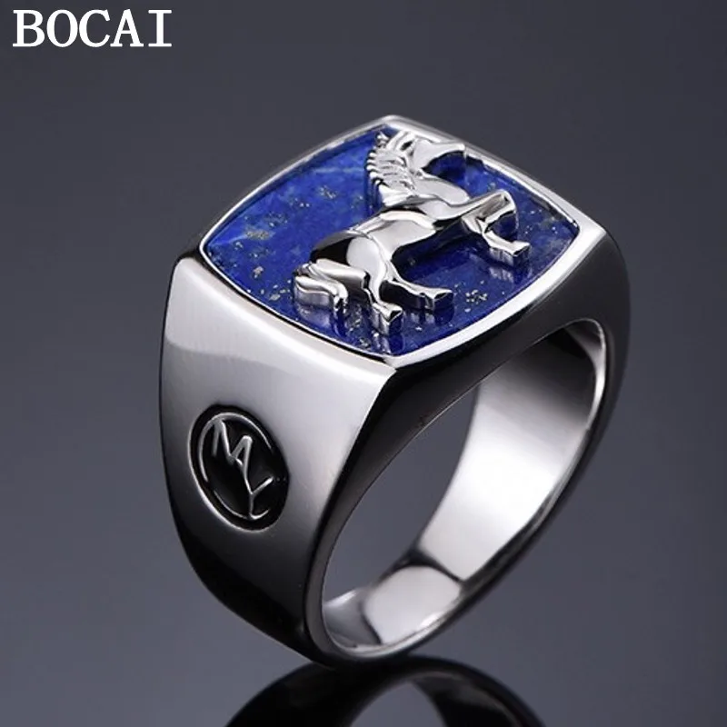 BOCAI New S925 Silver Black Stone Ring  lapis lazuli Rings For Man Simple 925 Silver Men's Ring Boyfriend Gift