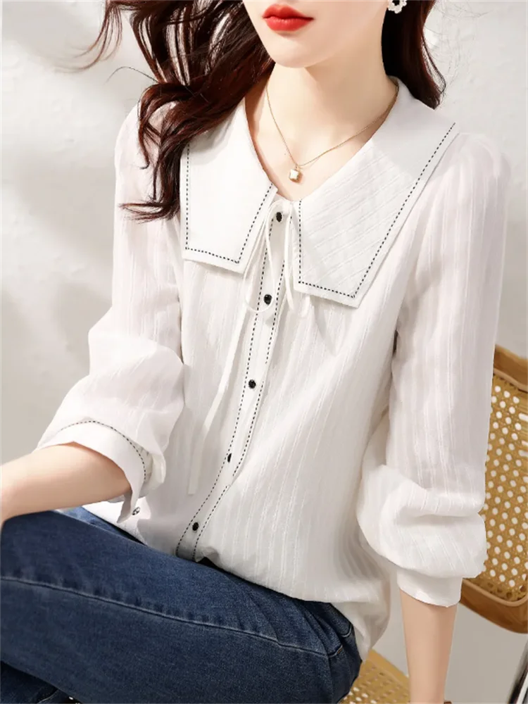 

Naval Collar Blouses Women's White Shirts Lace Up Blous Cardigan Shirt For Women Long Sleeve Shirt Contrast Color Female Blouses