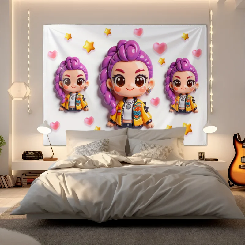 Hasbro Kpop Tapestry Kawaii Q Version Girl Print Wall Hanging Polyester Fabric Aesthetic Room Decor for Bedroom Dorm Living Room