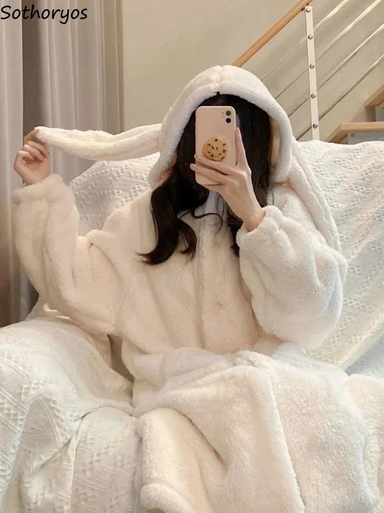 Hooded Robes Women Baggy Sweet Furry Kawaii Plus-velvet Designed Girlish Home Lounge Students Dormitory Sleepwear Pockets Trendy