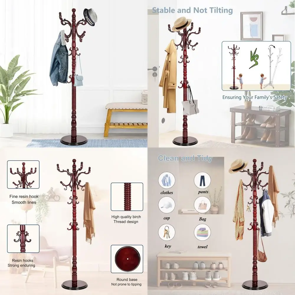 

14-Hook Wooden Freestanding Coat Rack with Adjustable Height and Stable Base for Home and Office