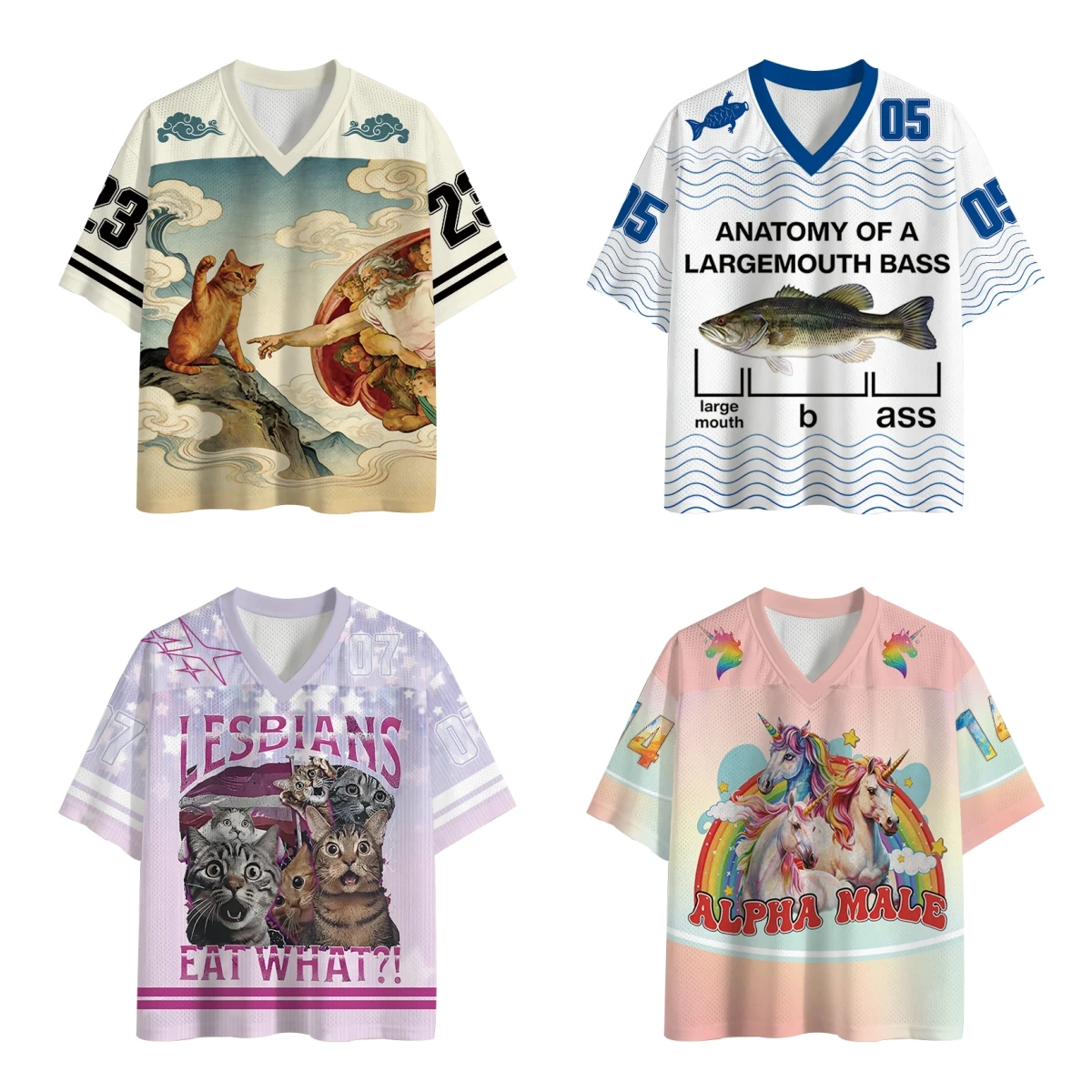 Renaissance Cat & Fishing Meme Mesh Football Jersey Bundle, 4 Styles V-Neck Graphic Tee Y2K Unisex Streetwear Short Sleeve Top