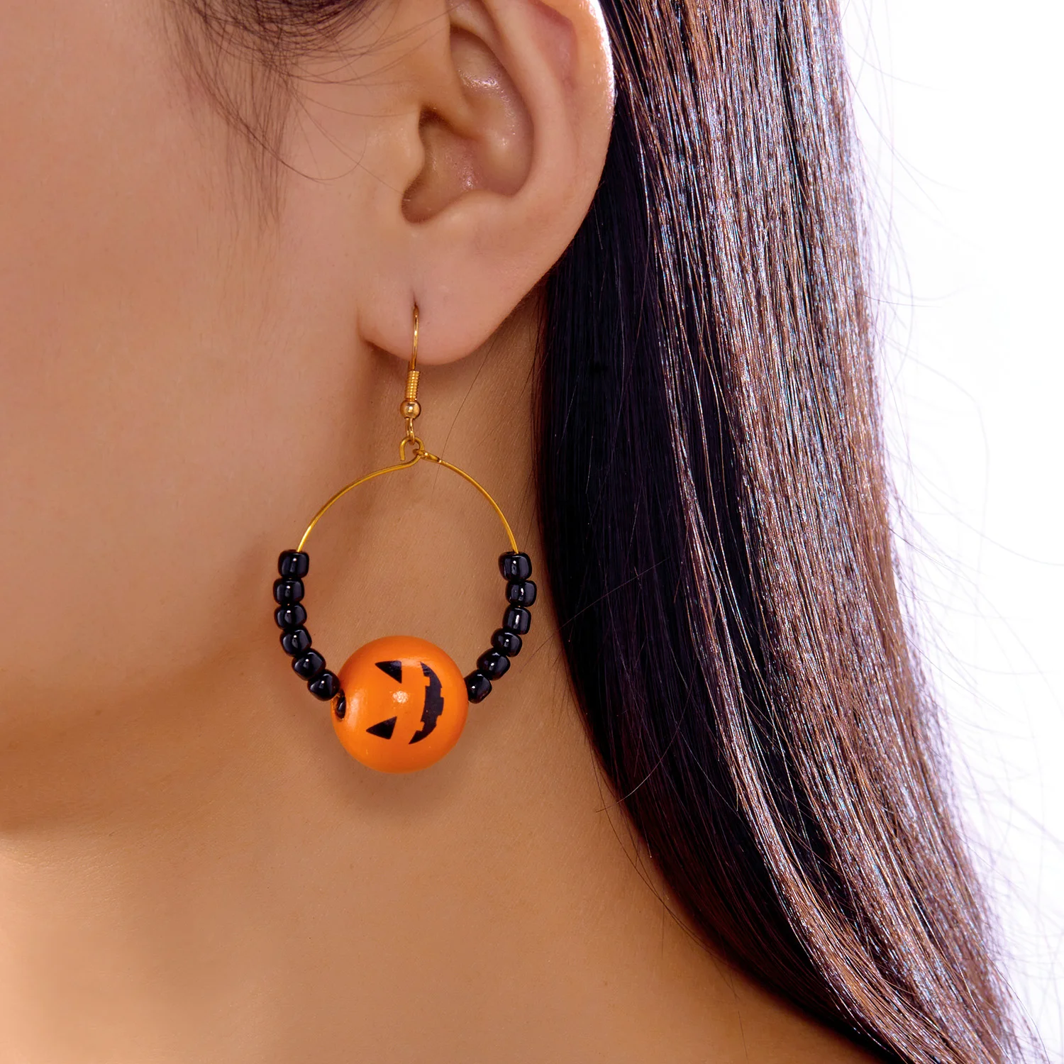 Design Sense Halloween-Kürbis-Katzen-Ohrringe für Frauen, übertriebene Reisperlen, großer Kreis, Creolen, festlicher Party-Schmuck – Detail 17
