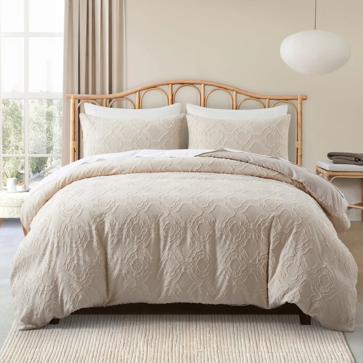 

Beige Flower Duvet Cover Twin Queen, 2/3PCS Soft Microfiber Tufted Bedding Set, Boho Textured Geometric Pattern Comforter Cover