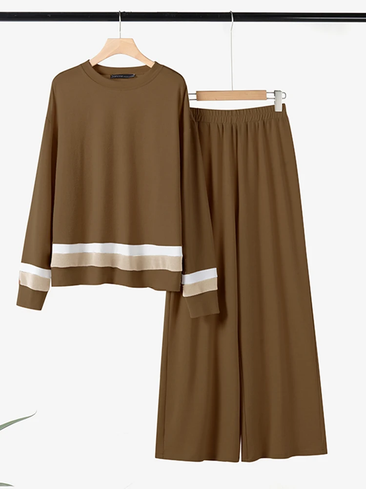 

2025 Spring Women Loose Matching Sets ZANZEA Long Sleeve Knitted Blouse Pant Sets Autumn 2PCS Outfits Patchwork Tracksuits