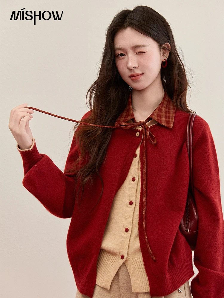 

MISHOW контрастный искусственный двухсекционный кардиган с цветными блоками, женский зимний съемный клетчатый воротник, галстук, утолщенный вязаный свитер MXE93Z2816