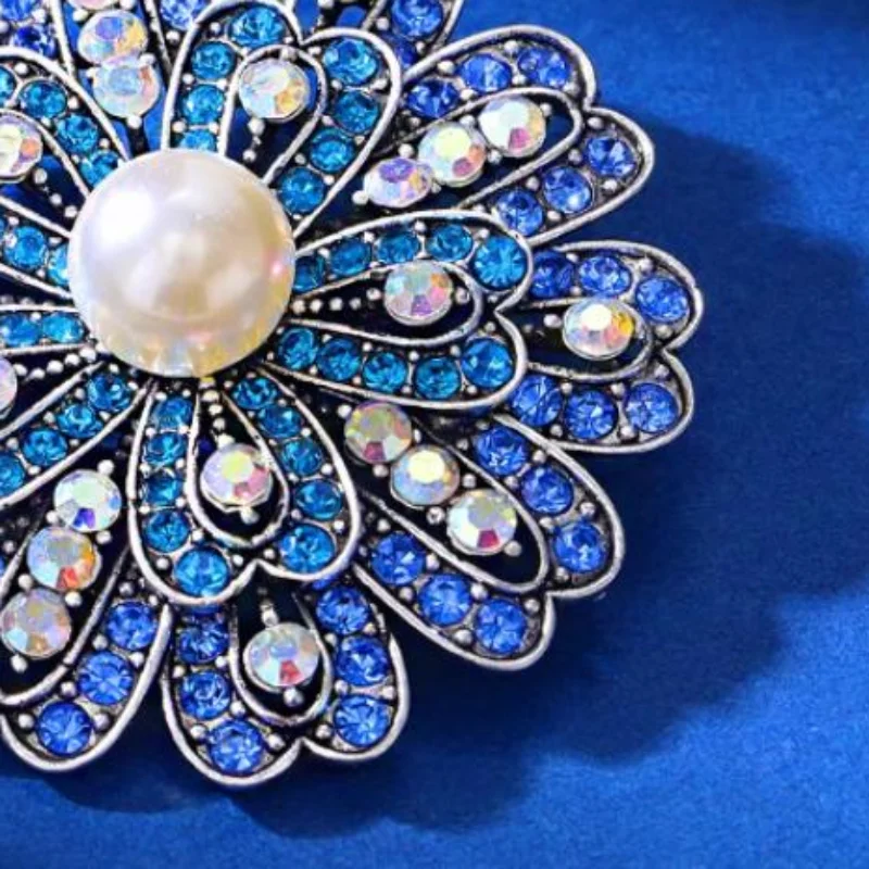 Fashion Luxury Blue Flower Pearls Brooch For Women Clothing Coat Jewelry Accessories Gifts