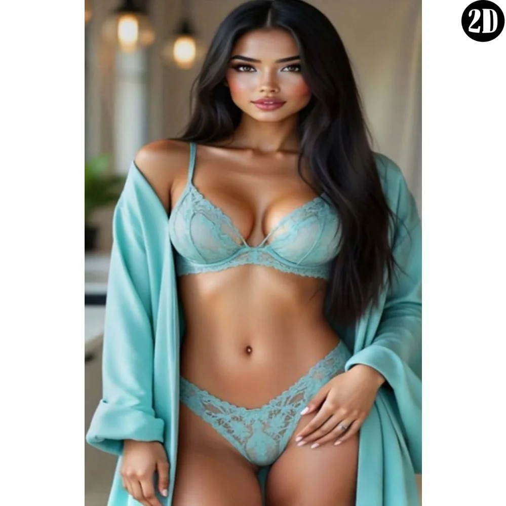 Letrero Metálico Plano 2D - Hermosa Morena en Conjunto de Lencería de Encaje Verde Menta con Bata, Arte de Pared de Lujo para el Hogar